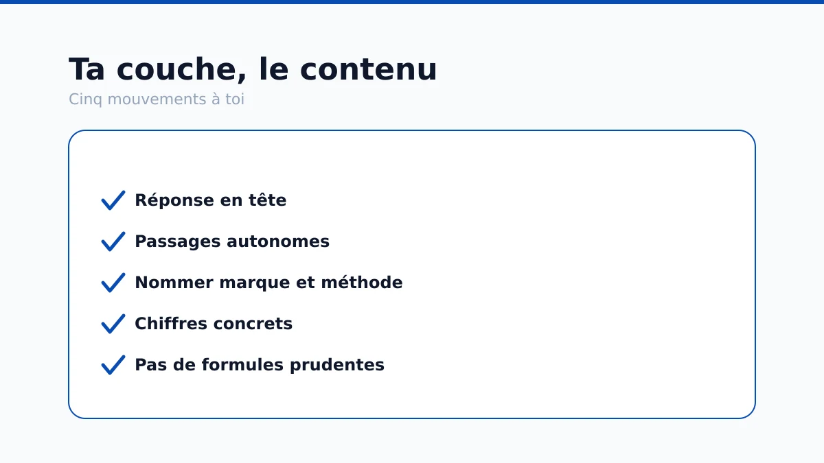 Le focus du copywriter dans le référencement IA, la couche contenu et cinq mouvements.