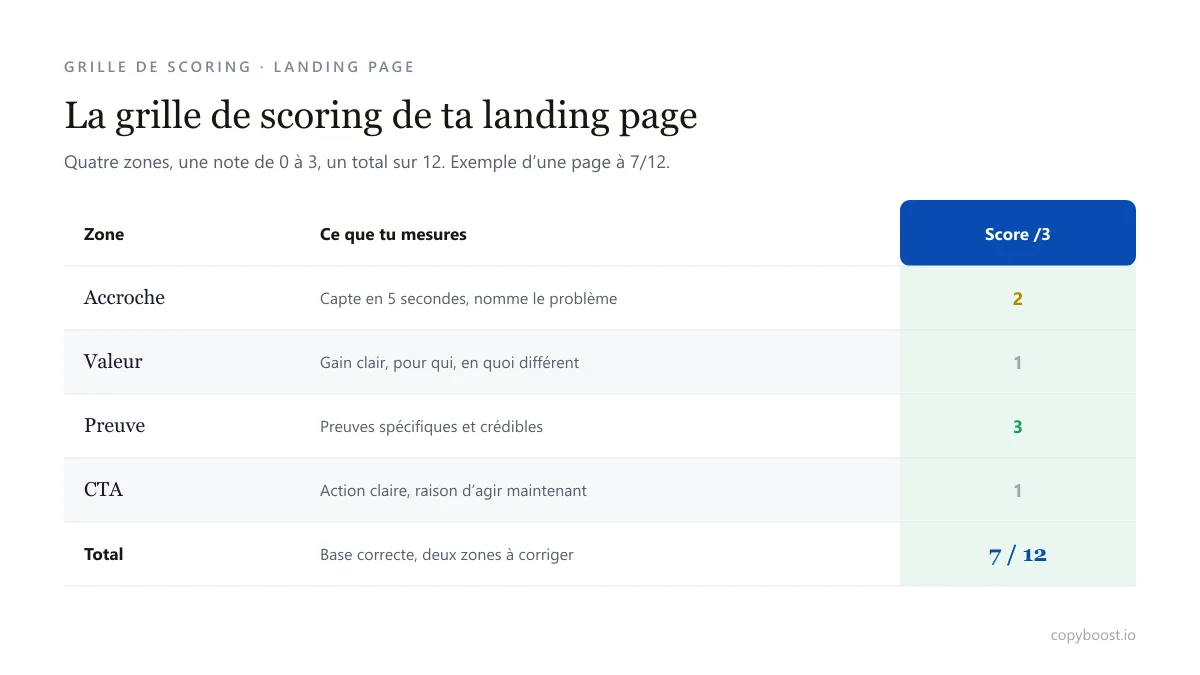 Grille de scoring d'une landing page avec les sections accroche, proposition de valeur, preuve sociale et CTA notées de 0 à 3 et un total sur 12