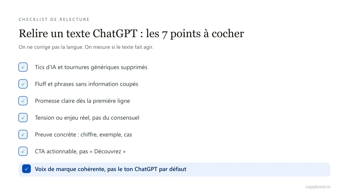 Checklist de relecture d'un texte écrit par ChatGPT : sept points à cocher, des tics d'IA à la voix de marque