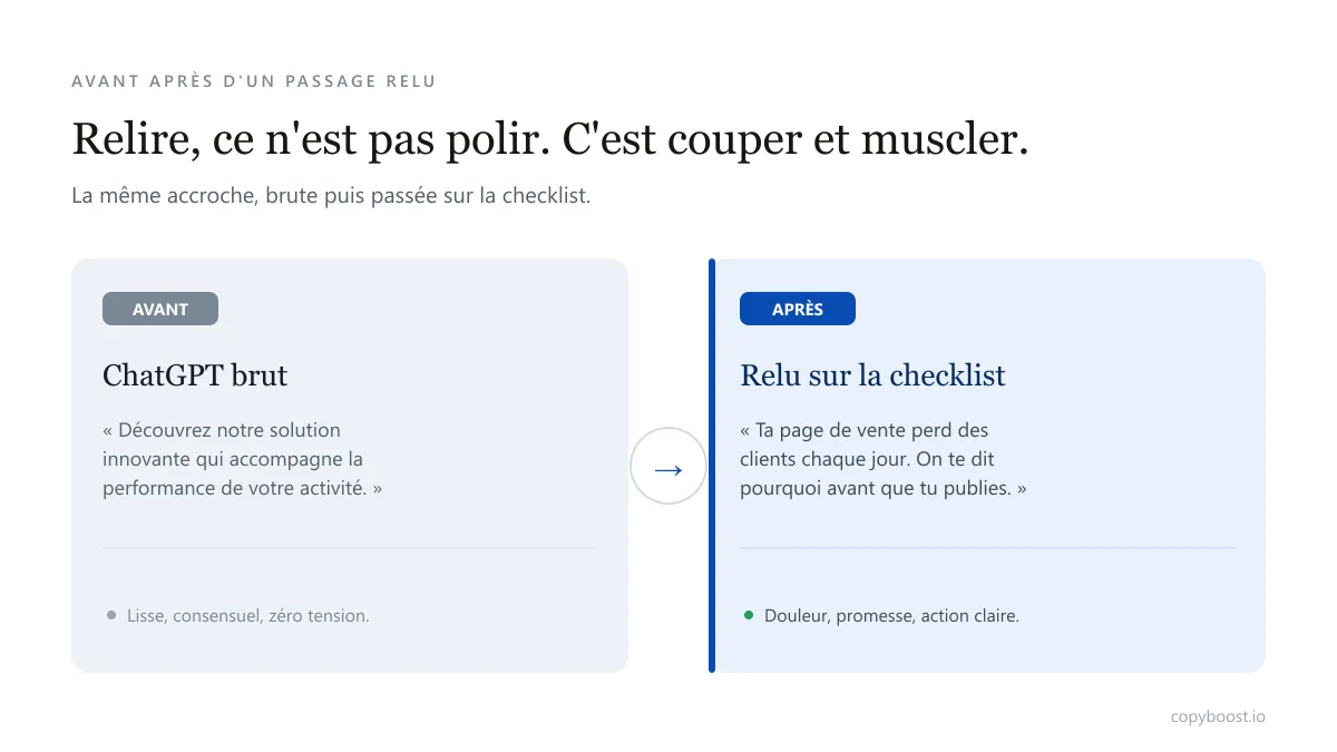 Avant après d'un passage relu : à gauche une accroche ChatGPT lisse, à droite la version corrigée avec tension, promesse et action