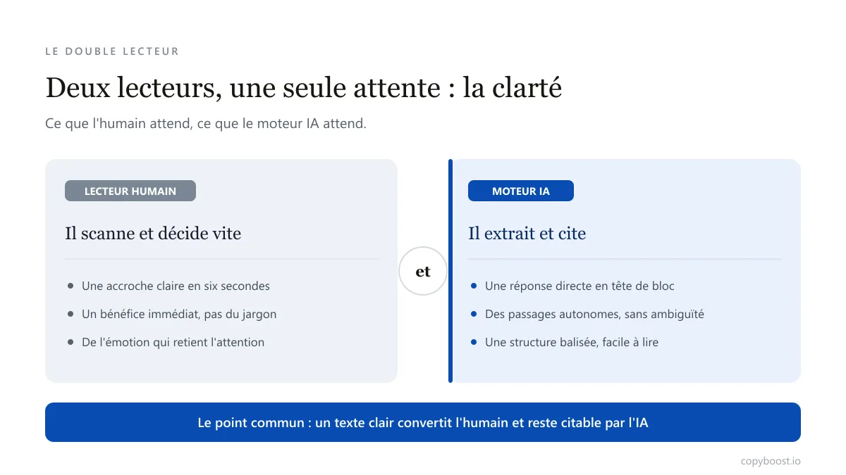 Le double lecteur d'un texte en 2026 : ce que le lecteur humain attend et ce que le moteur de réponse IA attend, côte à côte